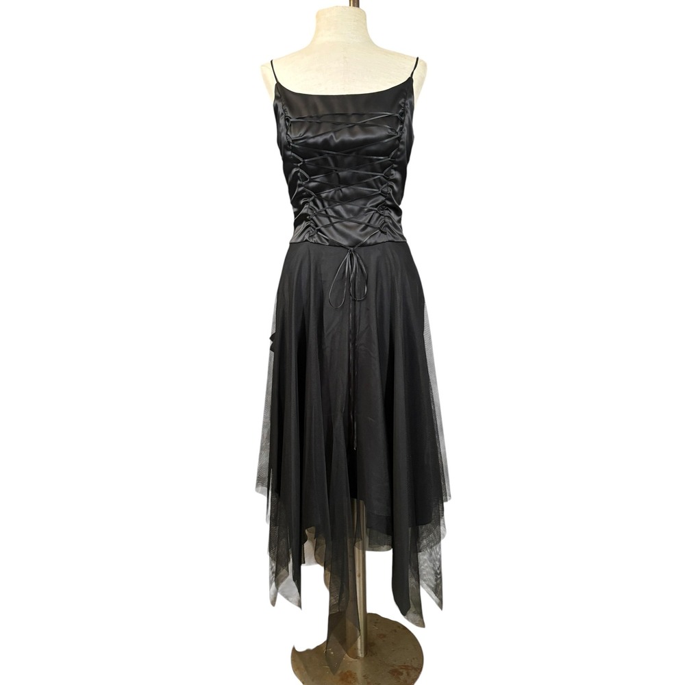VTG‎ Y2K Black Asymmetrical Sheer Mesh Corset Midi Dress 1/2 Goth Formal Party